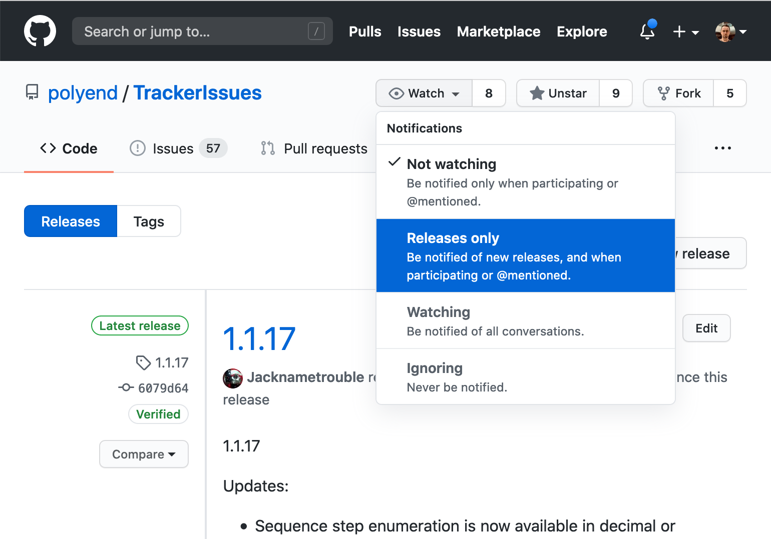 Watch releases on GitHub